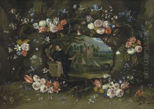 Portrait of Nicolaas de Man in the grounds of his country estate in the neighbourhood of Antwerp, surrounded by a garland of flowers by Jan Thomas van Ieperen