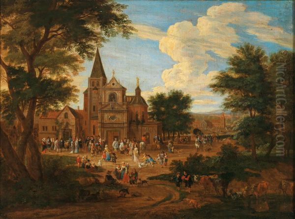 Busy market square in a town - view 1