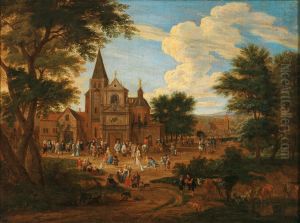 Busy market square in a town by Pieter Bout
