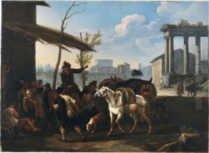 Peasants outside an inn, a town and ancient ruins beyond by Pieter van Bloemen