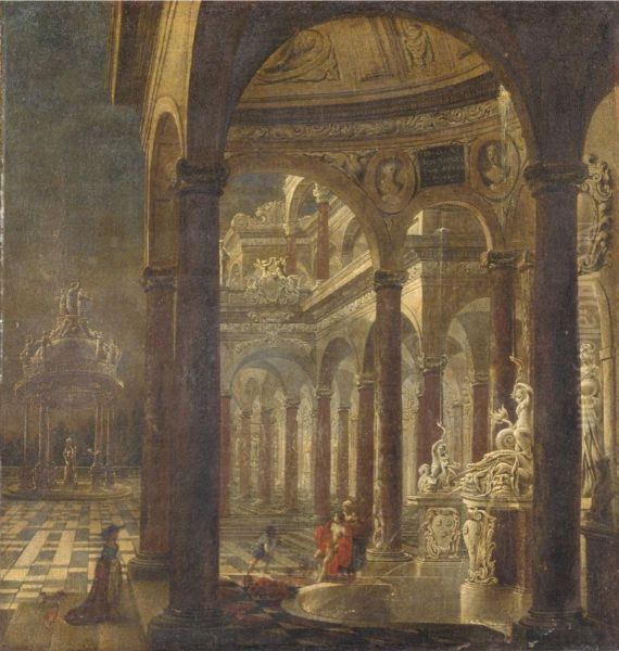 Architectural capriccio with Bathsheba receiving the news of the death of her husbandUriah the Hittite - view 1