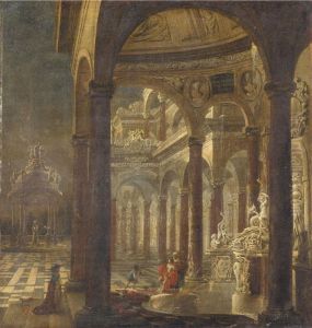 Architectural capriccio with Bathsheba receiving the news of the death of her husbandUriah the Hittite