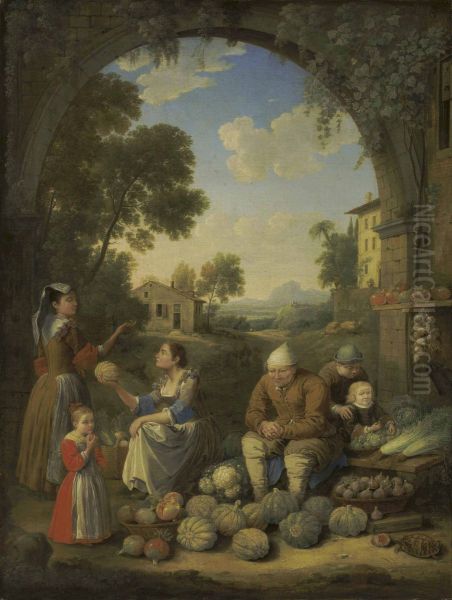A lady with children visiting a village vegetable stand - view 1
