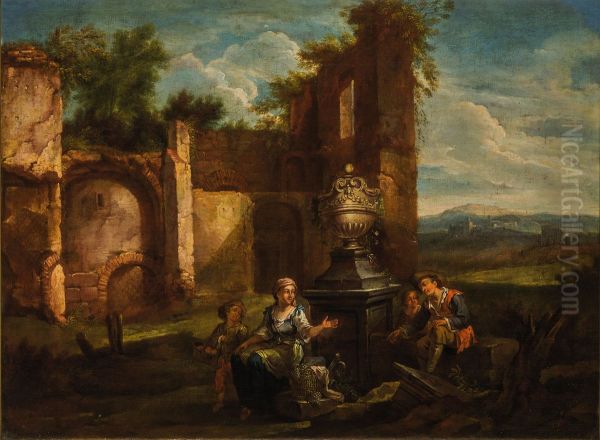 Landscape with ruins and fruit sellers - view 1
