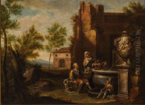 Landscape with ruins and figures near a well by Ignatius de Beckers