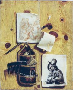 Trompe l'oeil of prints and other objects pinned to a wooden partition