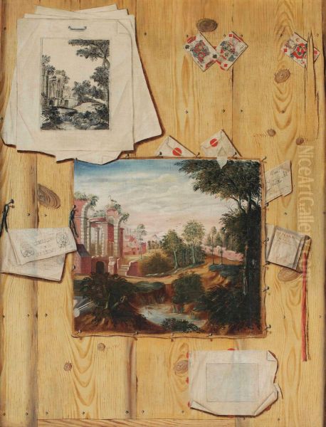 A 'trompe l'oeil' of a wooden panelling with a painted canvas of a landscape 'capriccio', a pile of prints with a repetition of the painted subject, an almanach, sealed letters and playing cards - view 1