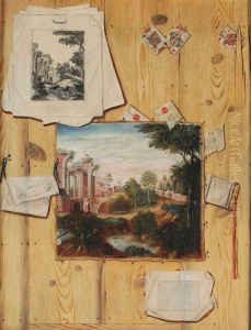 A 'trompe l'oeil' of a wooden panelling with a painted canvas of a landscape 'capriccio', a pile of prints with a repetition of the painted subject, an almanach, sealed letters and playing cards