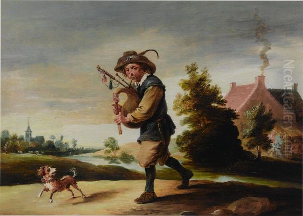 A boor playing a bagpipe in a landscape - view 1