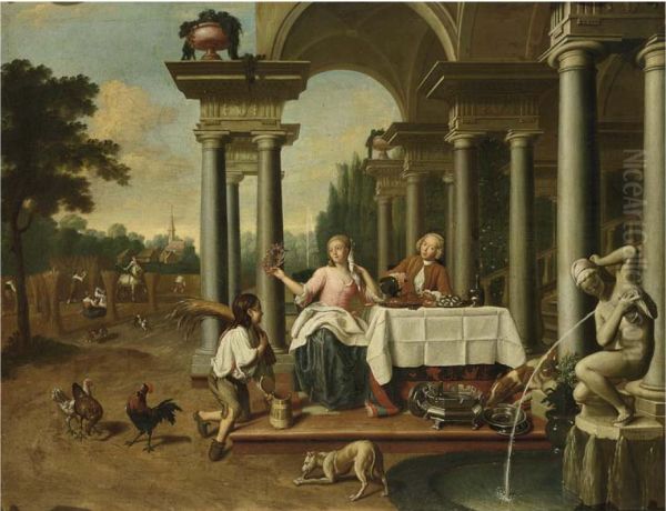 An elegant couple eating and drinking in a classical patio, a young boy offering the harvest, an allegory of summer - view 1