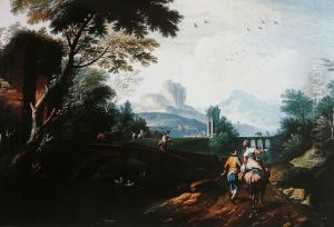 Landscape with a river and a pair of villagers. by Tomaso Porta