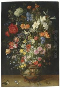 Lilies, tulips, roses and other flowers in an ornamental vase on a ledge, with butterflies and beetles