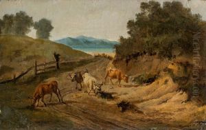 Four young bulls on a sandy path, in the distance a lake by Albert Becker