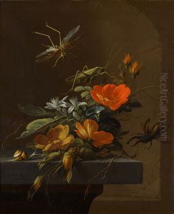Still life of Austrian briars and other flowers on a stone plinth, with a flying stag beetle and other insects