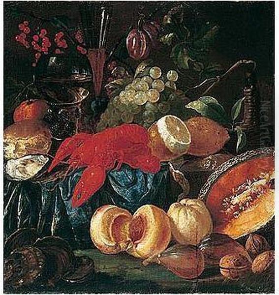 Still Life Of Lobster, Peaches, Melon, Grapes, Lemon, Nuts, Plums, Oysters And Bread, Together With A Wine Bottle, A Roemer And A Wine Glass, Upon A Partly Draped Ledge - view 1
