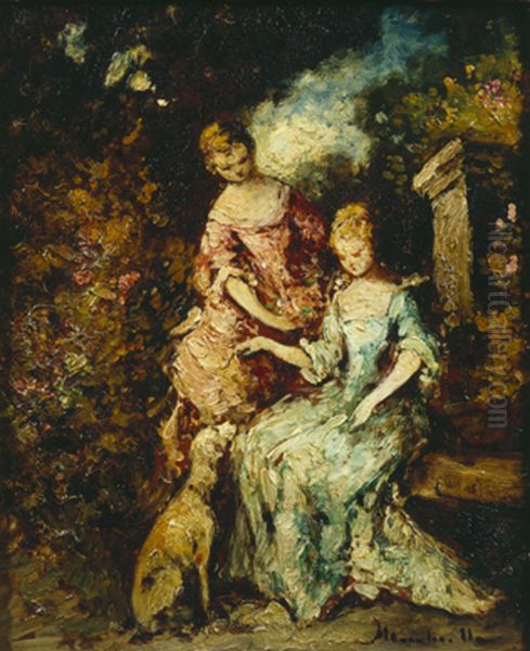 Two young women and a dog in a park - view 1