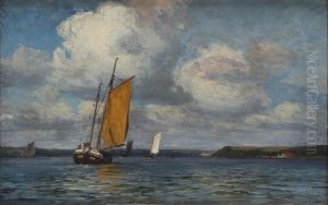 Sailing ships off a coast. by Vilhelm Arnesen
