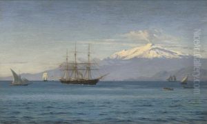 The corvette Dagmar in the Strait of Messina off Mount Etna.