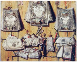 Trompe l'oeil of documents and an almanac hung on a wooden partition