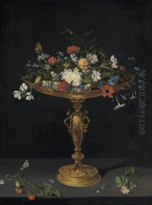 Flowers in a tazza on a ledge