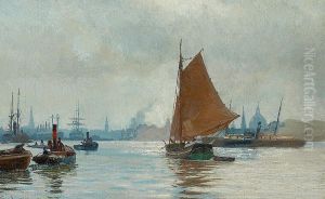 A busy view of the port of Copenhagen. by Vilhelm Arnesen