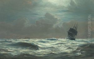 A three-masted ship and a steamship at sea.