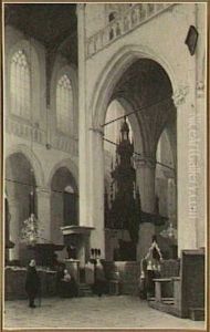 Gezicht in het interieur van de Nieuwe Kerk, preekstoel links by Jan Jacob Schenkel