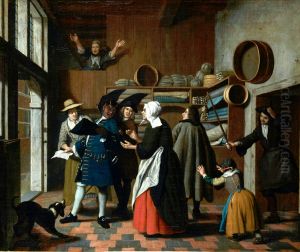 The devil as a tax-collector, being expelled from a store