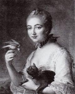 Portrait of Young Woman with Cat and Bird by Jean-Frederic-Marc Nattier