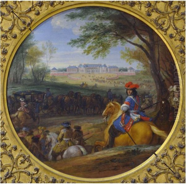 Arrival of Louis XIV with his guards in front in view of he old Castle of Versailles - view 1