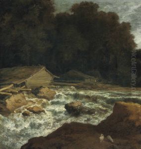 Een bebost rivierlandschap met hutten by Allaert van Everdingen
