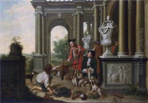 The failed hunt, a young poacher offering a pheasant to two sportsmen, near a classical building