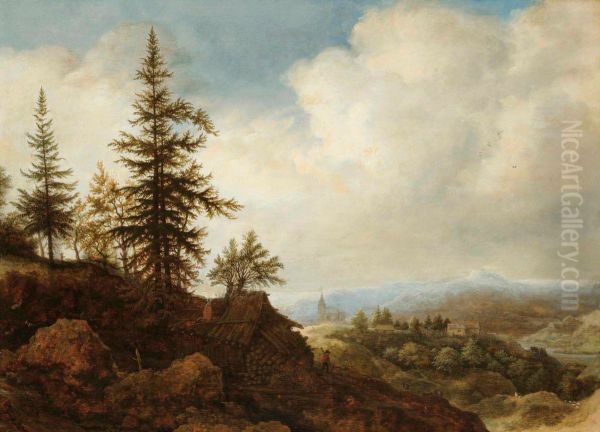 Berglandschap met figuren bij een houten schuur, in de verte een kerk - view 1