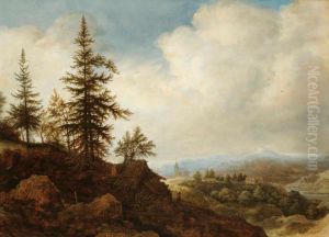 Berglandschap met figuren bij een houten schuur, in de verte een kerk