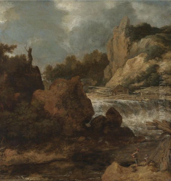 Scandinavisch landschap met waterval, op de voorgrond een tekenende kunstenaar - view 1