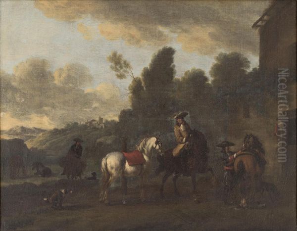Ruiters bij een huis in een zuidelijk landschap - view 1