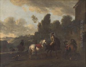 Ruiters bij een huis in een zuidelijk landschap by Evert Oudendijck