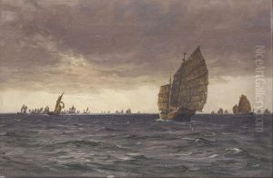 Chinese fishing junks at sea. by Vilhelm Arnesen