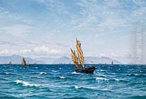Sejlskibe pa havet ud for Hong Kong. by Vilhelm Arnesen