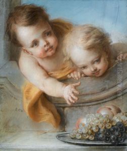 Allegory of autumns, Two children holding a tray with peaches and grapes Allegory of autumns, Two children holding a tray with peaches and grapes
