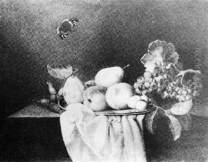 Still life with fruit and a butterfly.