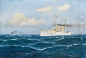 The cruiser "Nurnberg" gives the order to stop to a merchant ship by flag signals