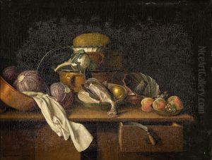 Kitchen still life with vegetables, fruits and poultry by Peter Jacob Horemans