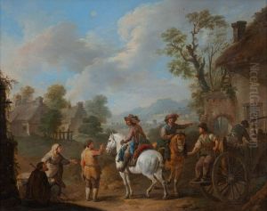 Noblemen on horseback conversing with peasants by Carel van Falens or Valens