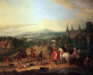 Elegant group of riders on a falcon hunt in a landscape with castle