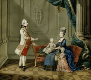 Archduke Ferdinand of Austria with his wife Maria Beatrice d'Este holding Archduchess Maria Leopoldine of Austria-Este (Future Electress of Bavaria) with Archduchess Maria Theresa of Austria-Este, (Future Queen of Sardinia) wearing a pink dress. by Gaetano Perego