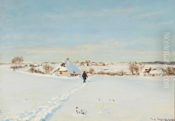 En klar vinterdag med en mand pa vej mod et bondehus. - view 1
