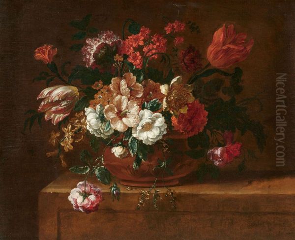 Flowers in a vase on a stone pedestal - view 1