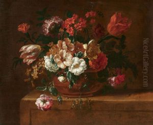 Flowers in a vase on a stone pedestal