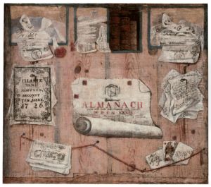Trompe l'oeil of an almanac, with pages pinned to a wooded partition